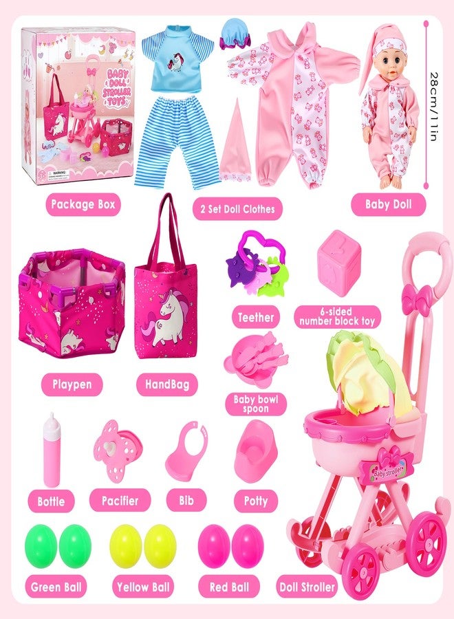 HUITEM Baby Doll Stroller Toys Set, 17 PCS Baby Doll Accessories Stroller Toys with Baby Dolls,2 Sets Doll Clothes, Playpen, Handbag, Feeding Nursery Pretend Play Gifts for Girls Toddlers 3 4 5 - Image 3